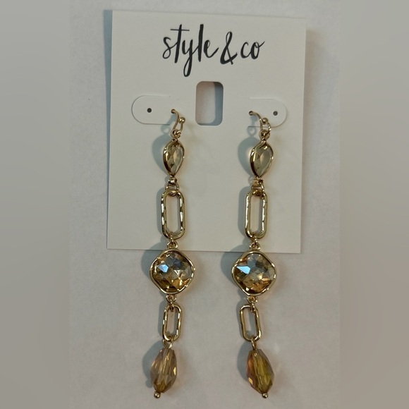 NWT  Style & Co Gold Dangle Earrings with Crystal Accents - Picture 1 of 5